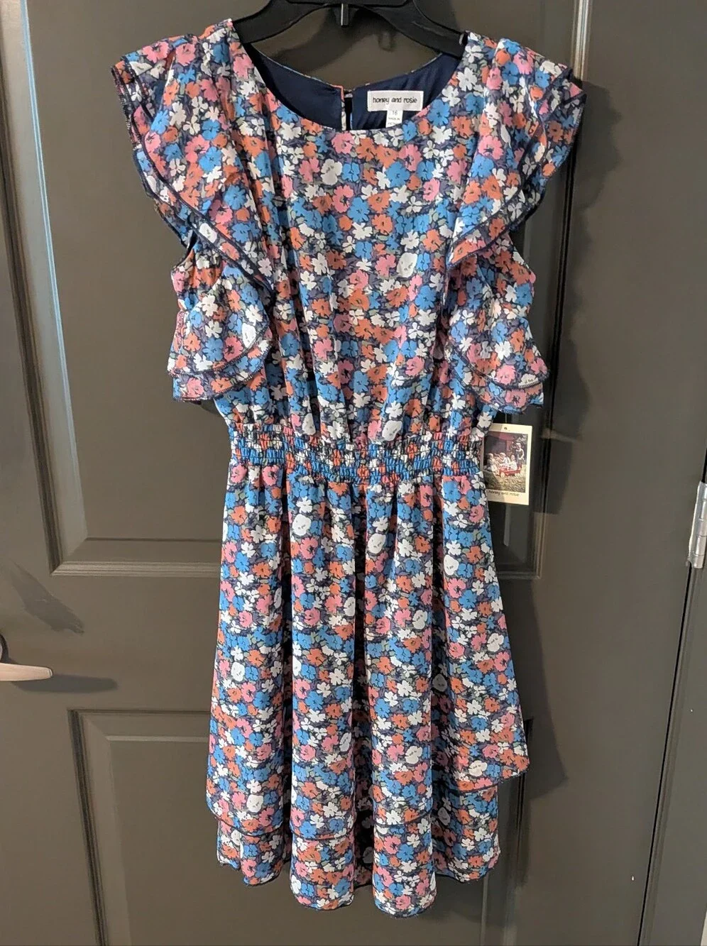 Flowers and Ruffles Smocked Waist Kids Dress - Blue/Pink